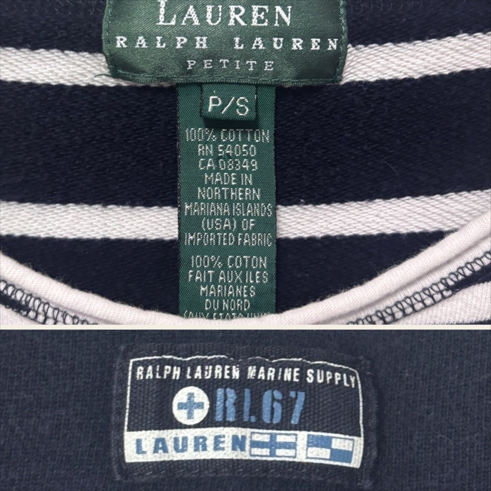 Lauren Ralph Lauren Petite S Navy White Striped 3/4 Sleeve Cotton Nautical Top - Picture 6 of 6